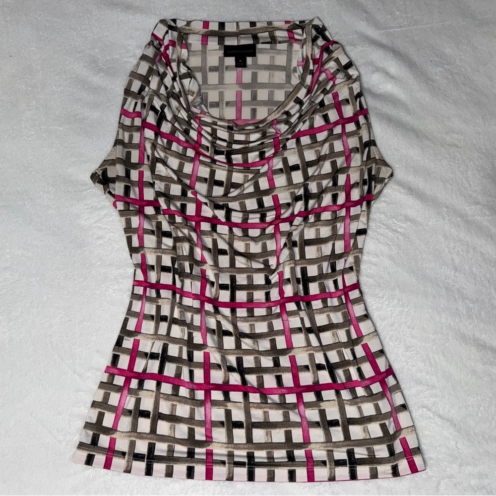 Worthington cowl neck sleeveless pink white and brown patterned blouse Size M